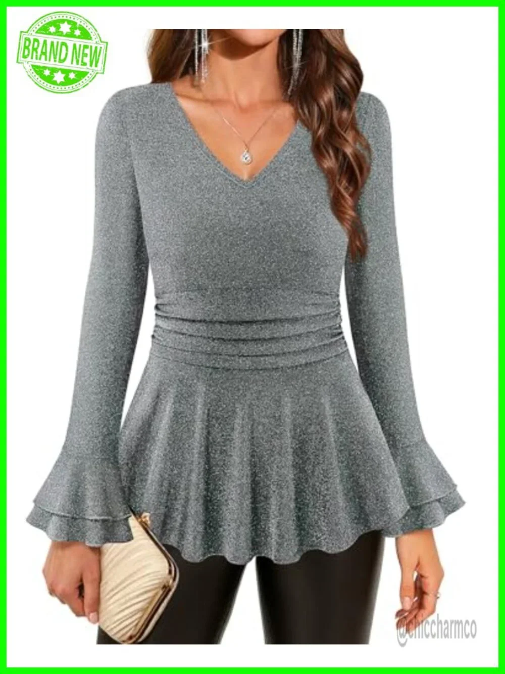 Women's Sparkly Sequin Tunic Long Sleeve V-Neck Blouse Party Top